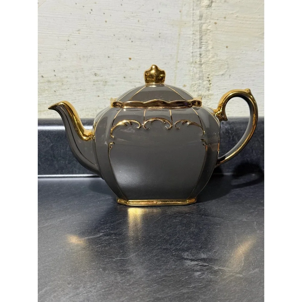 Sadler Cube Vtg Gray Ceramic Teapot 22k Gold Gilt Trim Ornate Scroll Design 1922